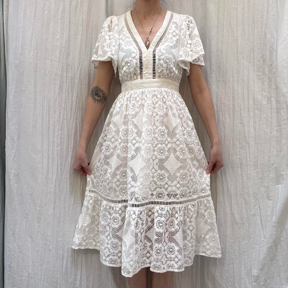 White Lace Midi Dress with‎ Bell Sleeves by Vici Cotton Angel Coquette Dress - Picture 4 of 8